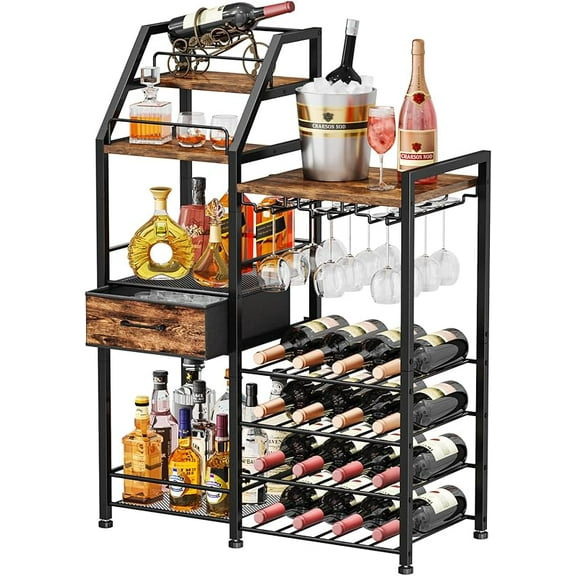 Wine Rack Freestanding Floor - 4-Tier Stepped Liquor Cabinet Bar Stand for Home with Fabric Drawer, Wine & Glass Organizer for Living Room, Kitchen, or Dining Room