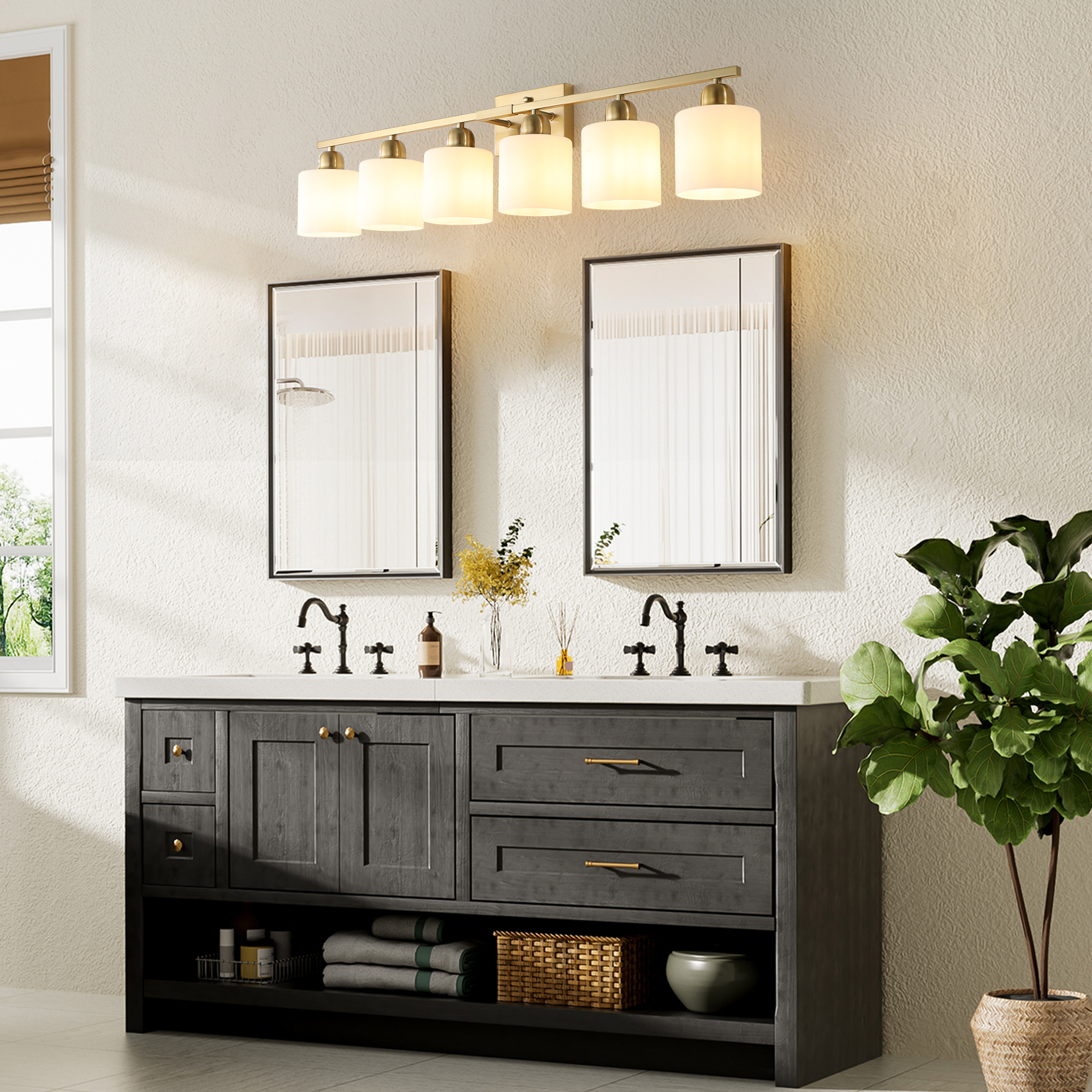 Leumius 6-Light Bathroom Vanity Light Fixture, Modern Vanity Light Over Mirror, Wall Sconces with Milky White Frosted Glass Shades for Mirror, Bathroom, Bedroom and Hallway Gold (No Bulbs)