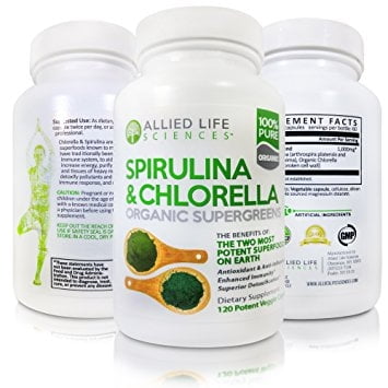 Allied Life Spirulina and Chlorella - Organic Chlorophyll Vegan Protein Powder Capsules 120