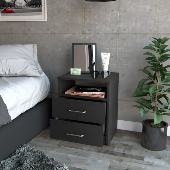 Boahaus Palma Modern Black Painted Nightstand, 2 Drawers for Bedroom