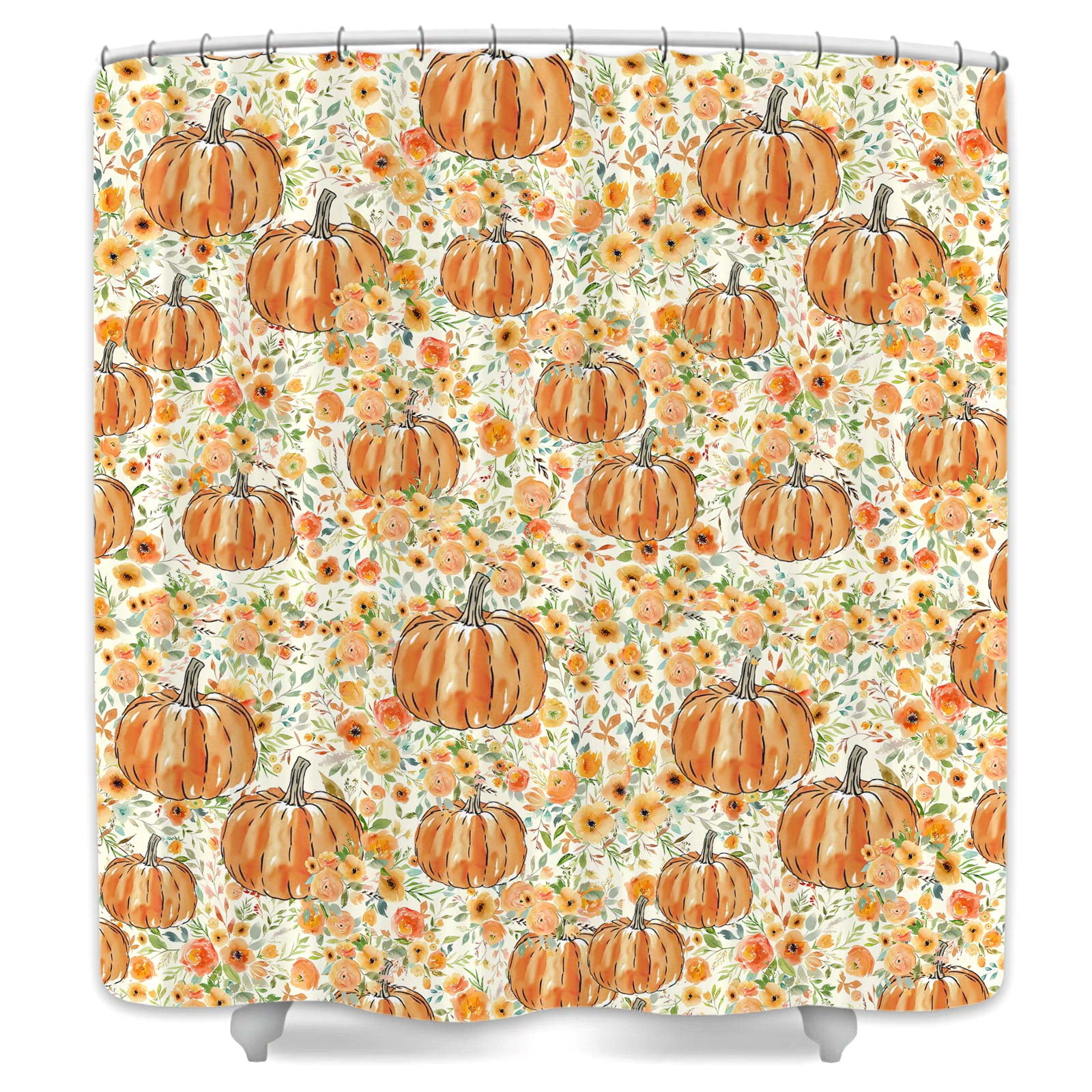 Fall Thanksgiving Shower Curtain,Pumpkin Floral Bathroom Curtains,Autumn Polyester Fabric Bathroom Accessories Festival Holiday Decor with Hooks,69X70 in