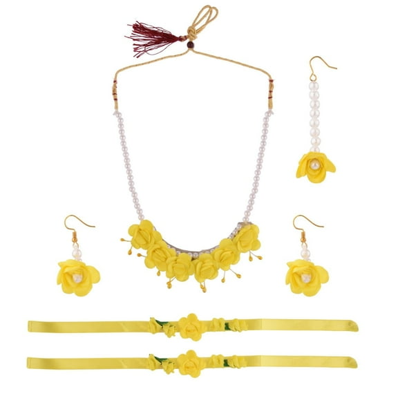 Efulgenz Indian Handmade Haldi Flower Jewelry Set Faux Pearl Beaded Strand Necklace Rose Flower Drop Earrrings Bracelet Set Maang Tikka for Wedding Mehandi Wedding