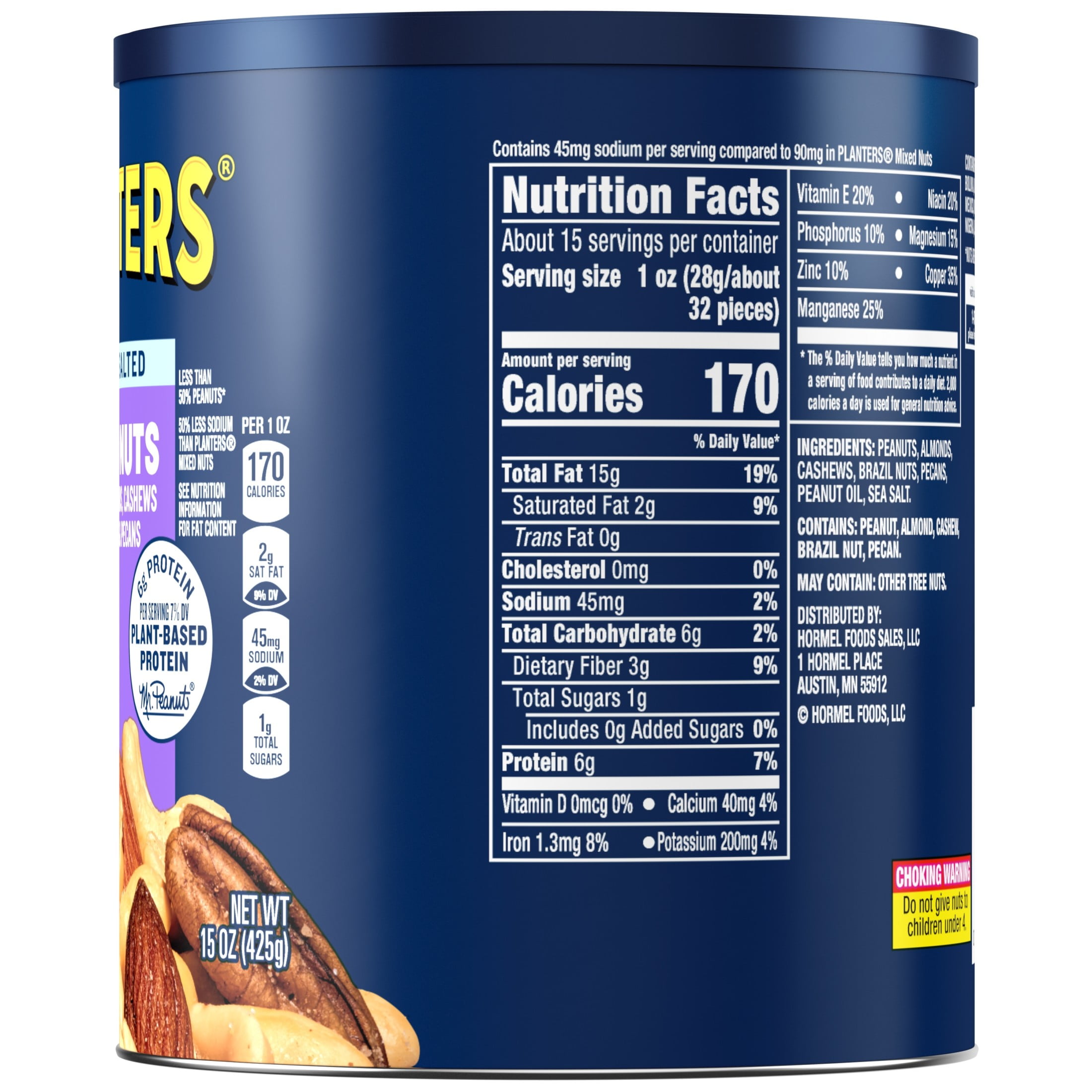 PLANTERS Lightly Salted Mixed Nuts, Party Snacks, Plant Based Protein, 15 oz Canister