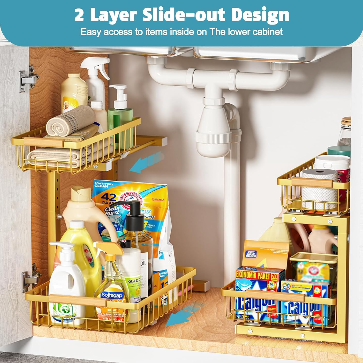 Under Sink Organizer 2 Pack, Height Adjustable Under Sink Organizers and Storage Shelf, 2 Tier Pull Out Cabinet Drawers for Kitchen Bathroom, Metal Under Sink Storage Rack, Gold