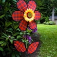 thumbnail image 2 of In the Breeze 2651 — 16-Inch Red Plaid Sunflower Spinner with Leaves — Colorful Flower Wind Spinner for Yards and Gardens, 2 of 5