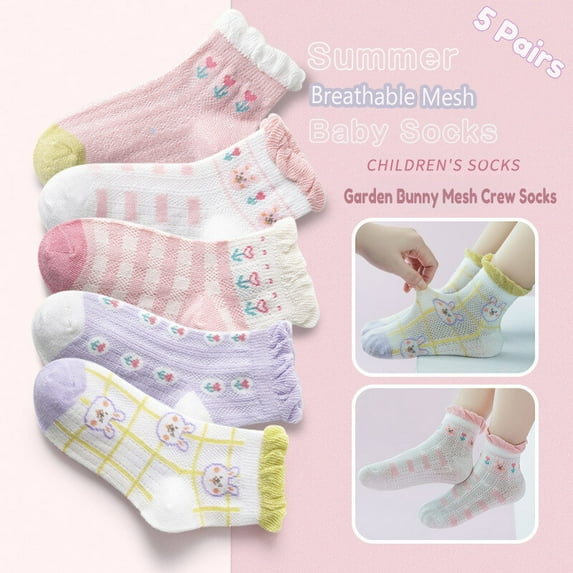 Summer Toddler Baby Socks - Thin Breathable Mesh Mid-Calf Short Ankle Socks, Combed Cotton Boys Girls Socks 5-Pair Packs