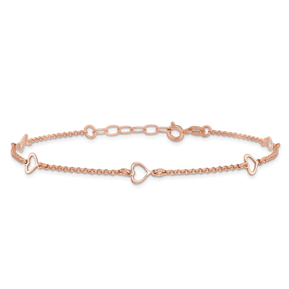 Sterling Silver Rose Tone Hearts 9in Plus 1in ext Anklet