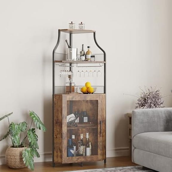 GAOMON Corner Bar Cabinet, 61" Liquor Cabinet w/Glass Rack & Adjustable Shelves, 5-Tier Farmhouse Wine Cabinet w/Lockable Door & Adjustable feet for Dining Room, Living Room, Kitchen, Rustic Brown