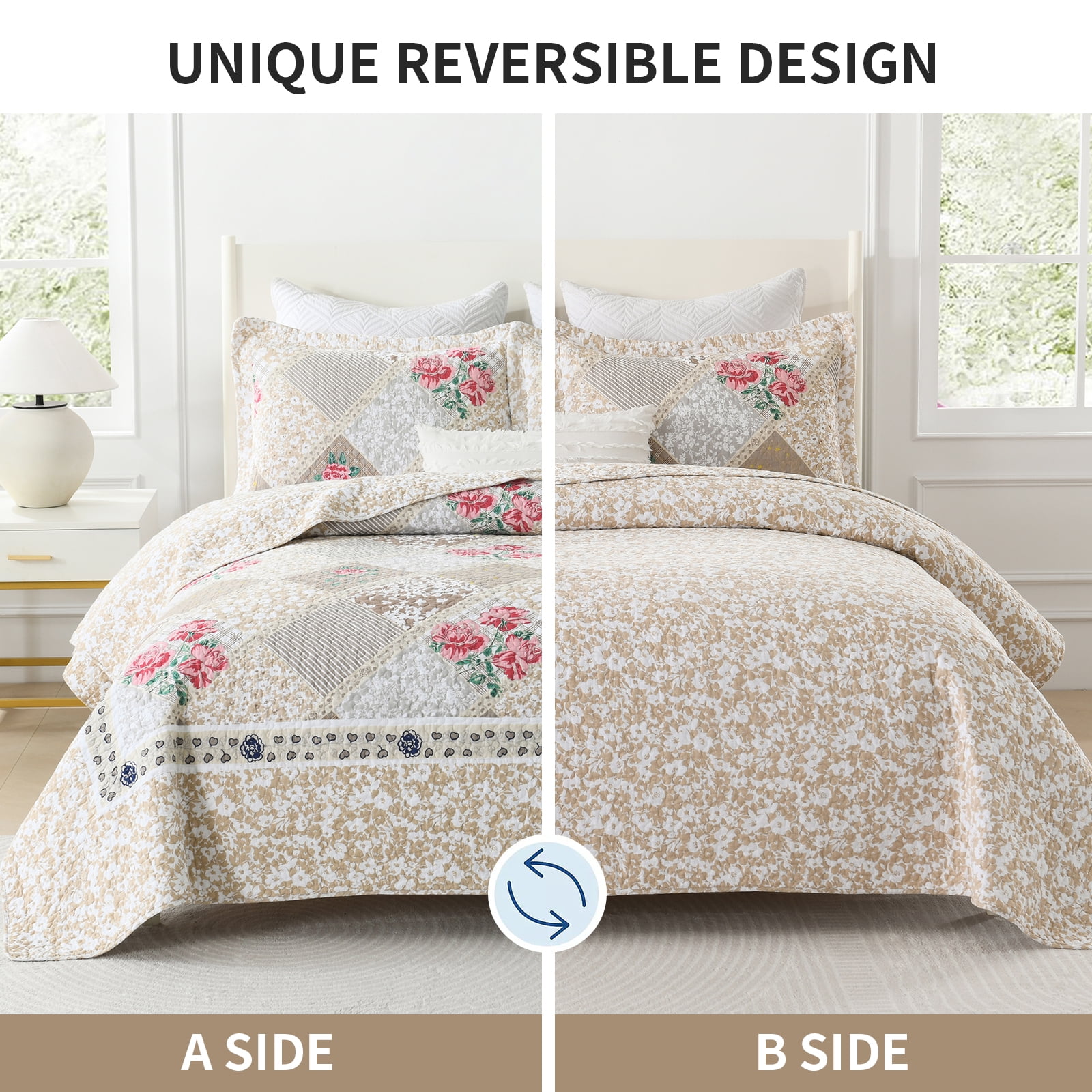 DDUOXIN 128x120 Bedspreads for King Size Bed - 100% Cotton Brown Beige Red Floral Patchwork Plaid Reversible California King Size Bedspread, Lightweight Cal Oversized King Quilts Bedding Set, 3 Piece