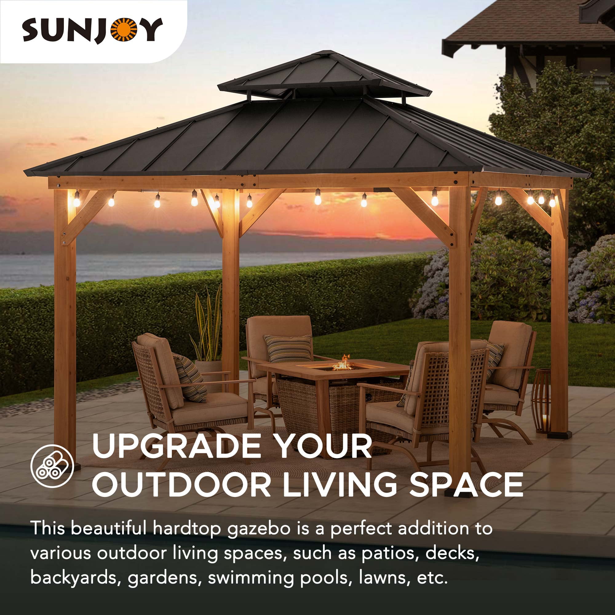 Sunjoy 11 ft. x 11 ft. Black 2-Tier Wooden Frame Hardtop Gazebo with Ceiling Hook