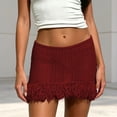 thumbnail image 2 of Unir Women All-Over Hollow Crochet Knit Fringe Mini Skirt Low Rise Elastic Waist Bodycon Beach Club Summer Bottom 1PC S-XL Plus Size Friendly, 2 of 4