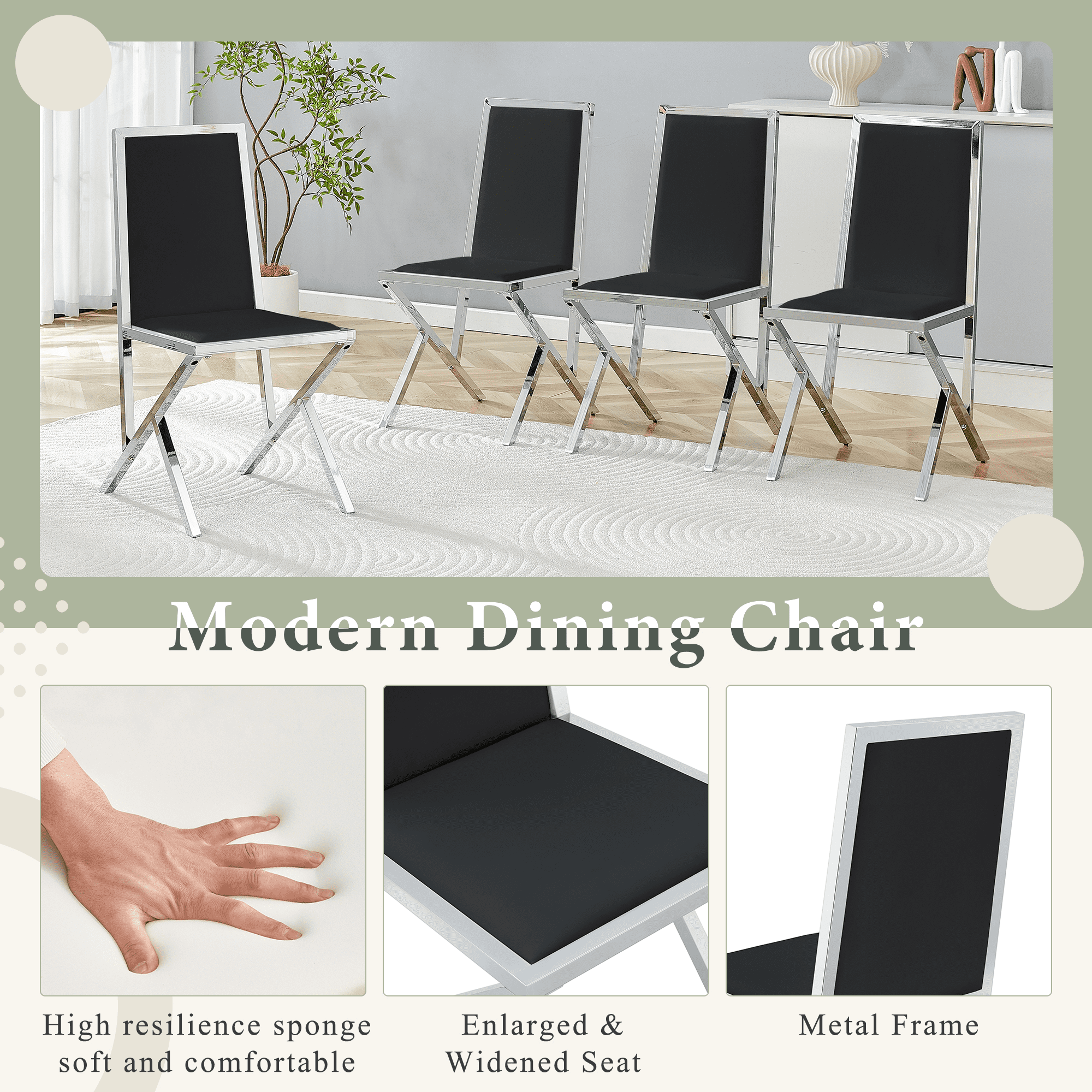 Dining Chairs Set of 4, Black PU Leather Dining Chairs with Silver Metal Frame, Ergonomic Modern Dining Room Chairs, Upholstered Kitchen Chairs with Adjustable Feet, Easy to Clean