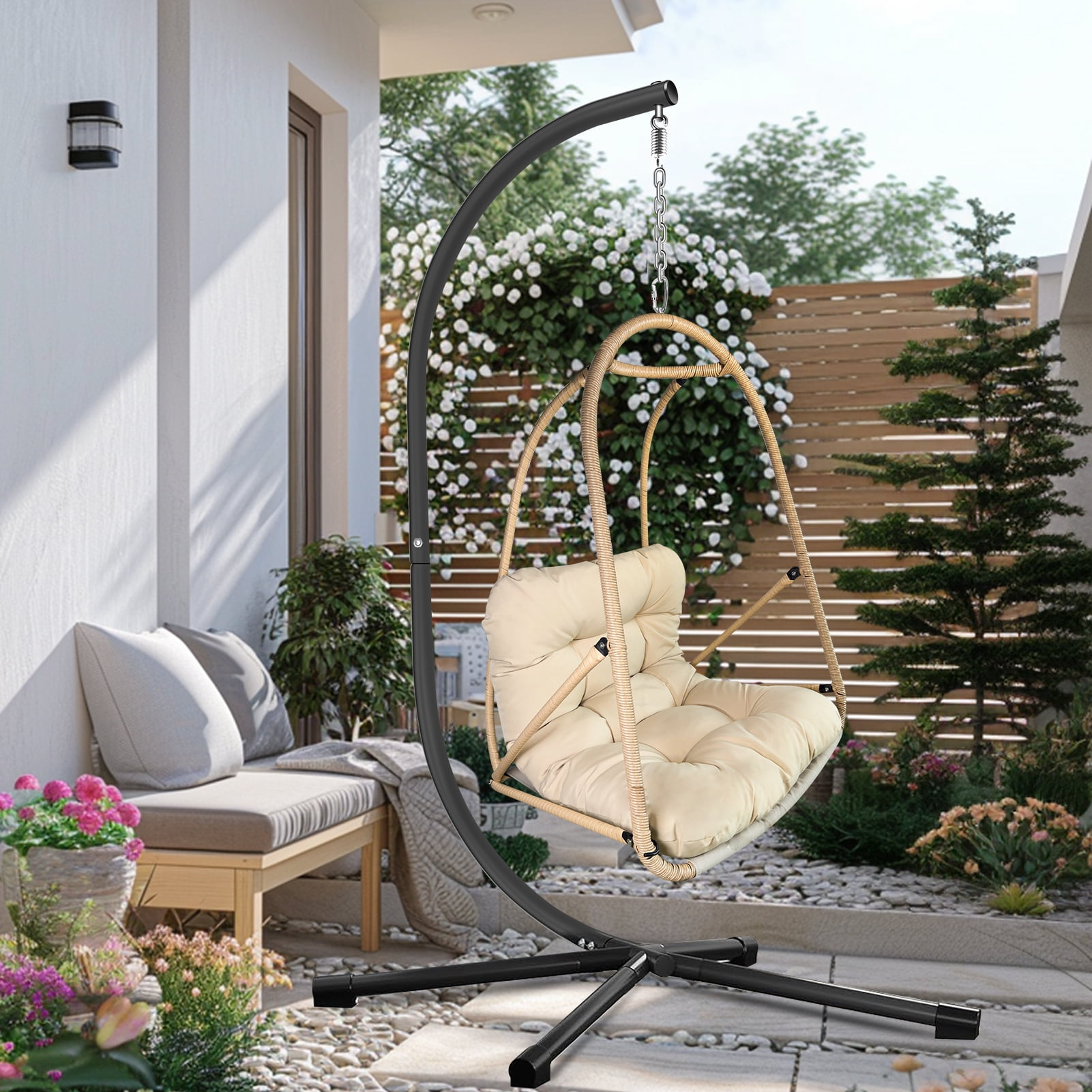 Swing Egg Chair with Stand, Wicker Rattan Hanging Chair with Cushion Pillow for Indoor Outdoor Patio Garden Balcony, Beige Brown
