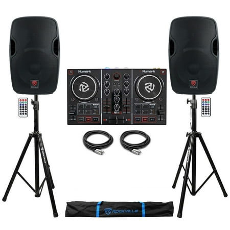 Numark Party Mix Serato DJ Controller w/Lights+(2) Powered 12" Speakers+Stands