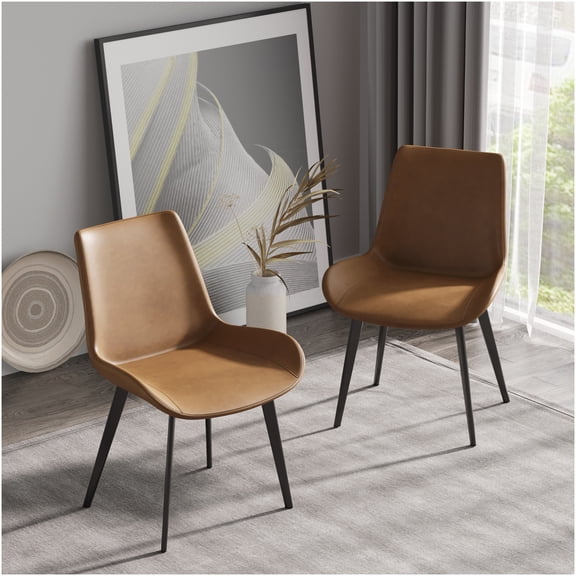 Modern Brown PU Leather Dining Chairs Set of 4 with Black Metal Legs for Kitchen and Living Room