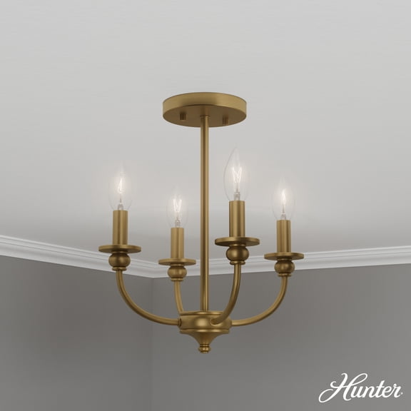 Hunter - Southcrest 4-light Luxe Gold, Medium Size Flush Mount Light, Dimmable, Traditional Style, Candle Shaped, for Bedrooms, Dining, Living Rooms - 48068