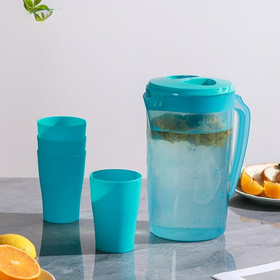 Iumwxz Plastic Pitcher and Cup Set with Lid and Handle, 2200ml Capacity for Cold or Hot Beverages, Includes 4 Cups for Parties Picnics or Family Meals