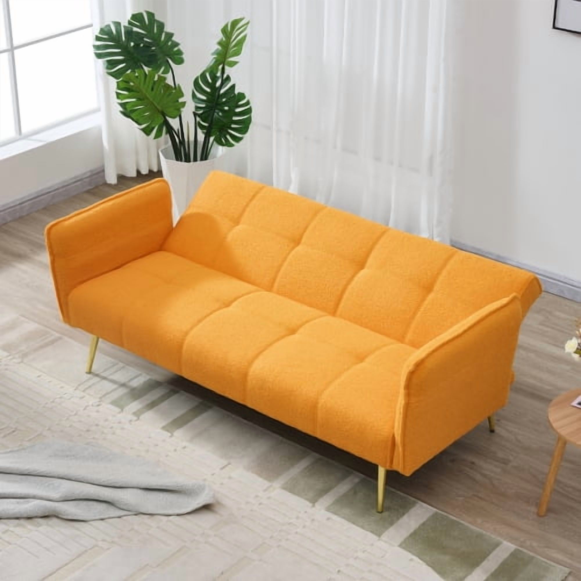 BSHTI 70.1 inch Futon Sofa Couch, Modern Convertible Double Sofa Bed with Folding Armrests for livingroom,Yellow