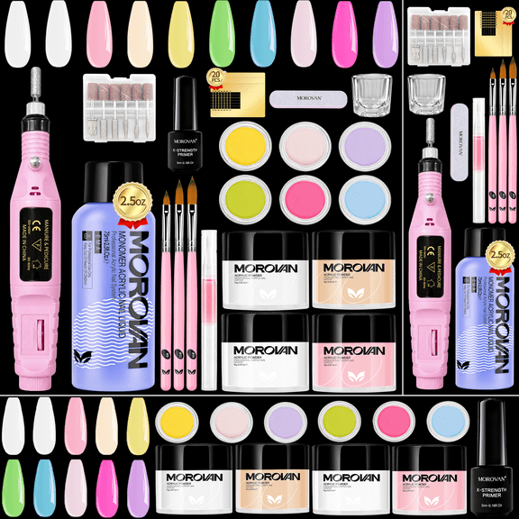 Morovan Acrylic Nail Kit with Drill,Complete Set for Beginners with Clear, White, Pink & Nude Acrylic Powder, Liquid, Brushes & Tools for Home Salon Nail Extensions