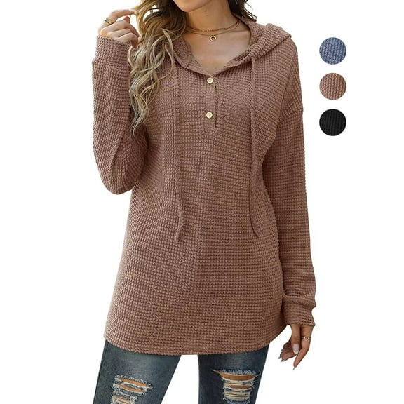 Gustave Women Casual Long Sleeve Drawstring Hoodie Waffle Knit Hooded Pullover Sweatershirt Fashion Button V Neck Loose Tops for Fall Winter "Coffee, S"