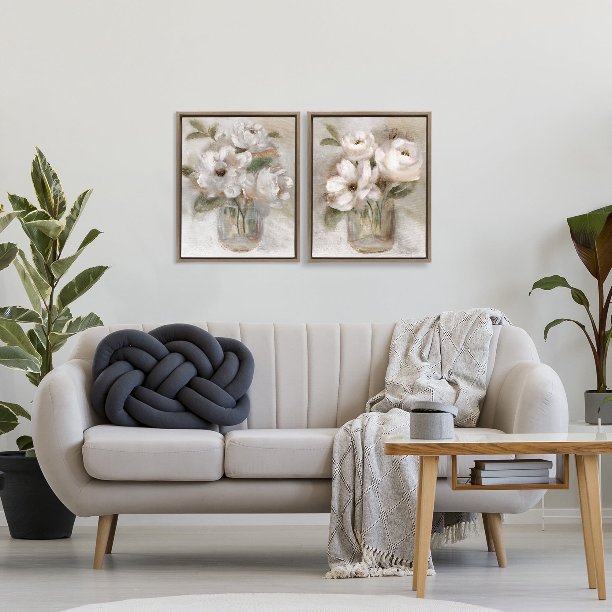 Stupell Industries Brushed White & Beige Roses 2 Piece Brown Framed Floater Canvas Set, design by Nan