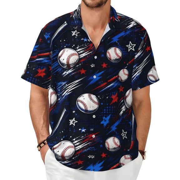 Baseball Men's Shirts Short-Sleeved with All-Over Prints Button-Up Shirts