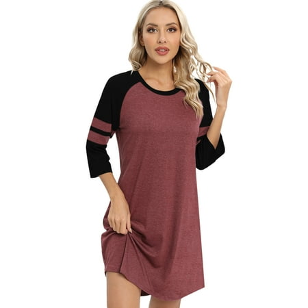 

WBQ Women s Nightgown 3/4 Sleeve O Neck Nightshirt Color Block Casual Sleepwear Nightdress Soft Comfy Knee Length Sleepshirt Loungewear S-2XL