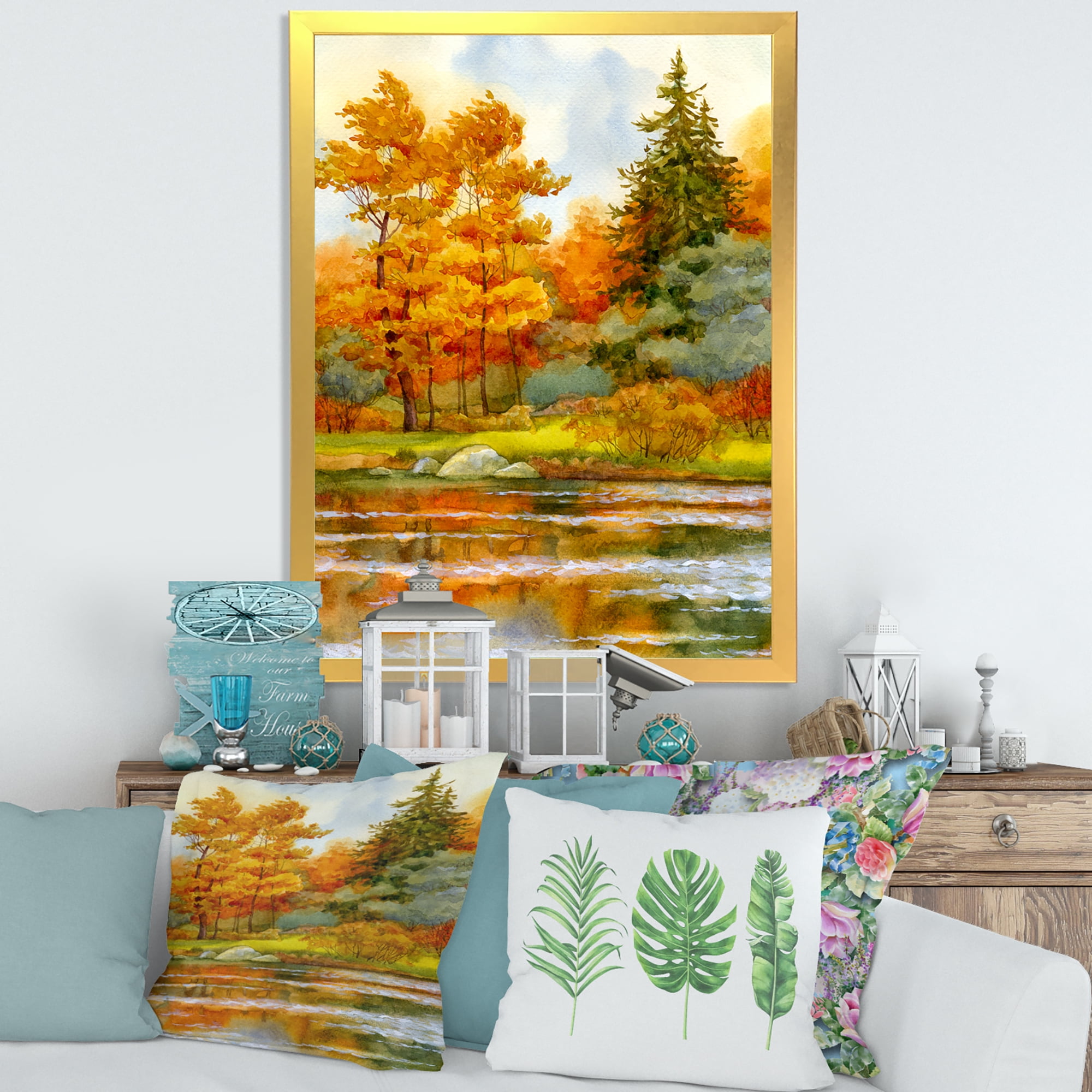 Designart 'Autumn Forest By The Lake Side III' Lake House Framed Art Print