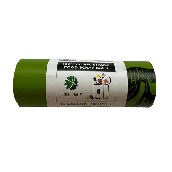 COMMIT TO GREEN 13 Gallon Compostable Trash Liners - 20 Count, Super Strong, Perfect for Food Scraps and Kitchen Trash Bins.