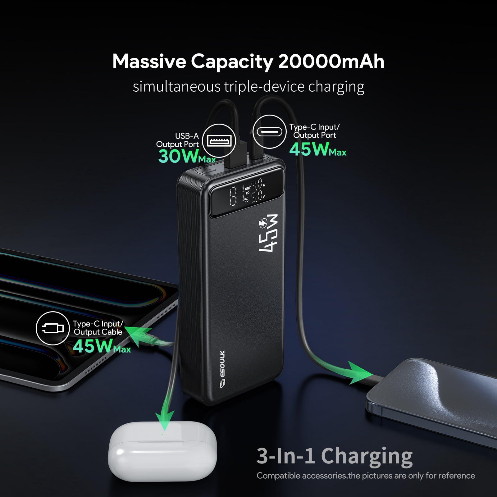 45W 20000mAh Power Bank Battery with Integrated USB-C Charging Cable - Black