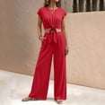 thumbnail image 3 of Women's Summer 2 Piece Outfits 2026 Cap Sleeve V Neck Belted Crop Tops Wide Leg Pant Sets Casual Tracksuit, 3 of 6