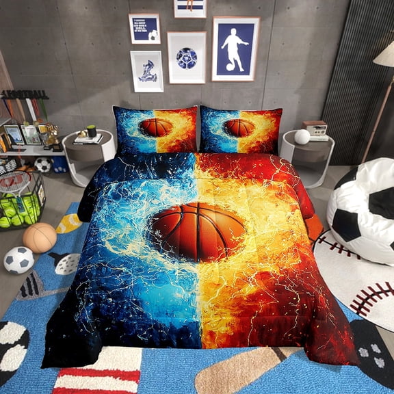 Erosebridal Basketball Comforter Set Gaming Sports Comforter Ball Games Bedding Set Twin Size Gift for Basketball Lover Blue Duvet Set 2Pcs
