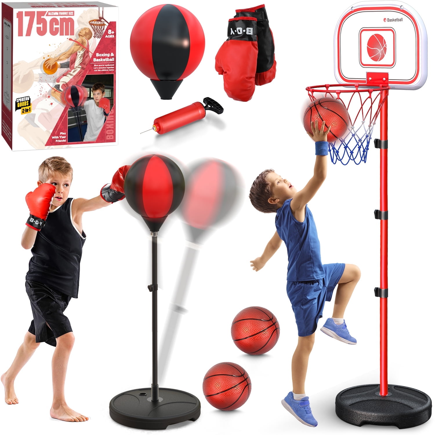 Carsky 2 in 1 Kids Basketball Hoop&Punching Bag, Boxing Set with Gloves, 69 inch Adjustable Height for All Ages, Indoor/Outdoor Sports Game Christmas Gifts Toys for Boys 5-7, 8-11 12+
