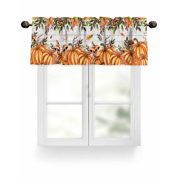 Farmhouse Orange Pumpkins Fall Thanksgiving Kitchen Valances for Windows Leaves Mushroom Valance Curtains  for Kitchen /Living Room/Bedroom/ Bathroom Decor, 54"x18 " ,Rod Pocket 1 Panel,