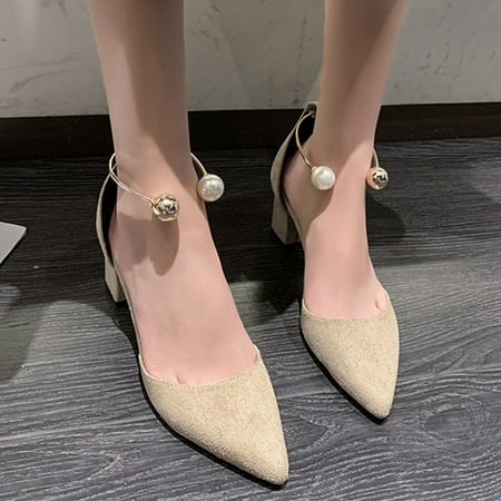 

PhoneSoap Fashion Spring And Summer Women Sandals Thick Heels High Heels Pearl Ankle Buckle Pointed Toe Casual Style Beige