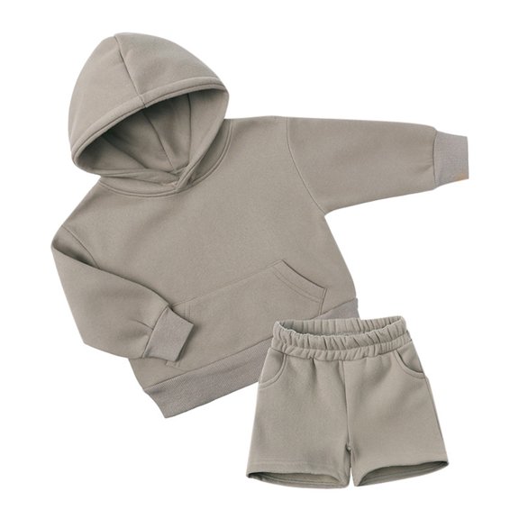 FAOWME Boys Girls 2 Pcs Sweatshirt Hoodie Pullover Tops Sweat Suit Unisex Kids Long Sleeve Hoody Tops Elastic Waist Shorts Pockets Set Grey 5-6 Years
