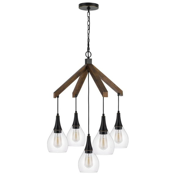 Cal Lighting 60W X 5 Watkins Rubber Wood Chandelier With Hanging Glass Shades