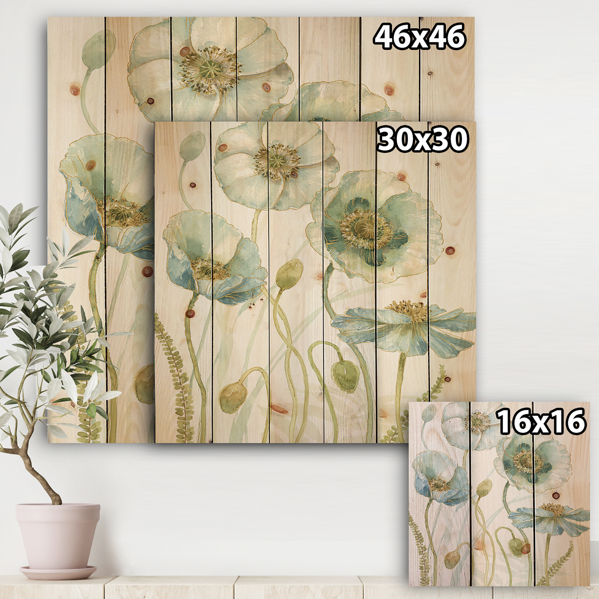Designart 'Abstract Blue Cottage Flowers Drawing I' Farmhouse Print on Natural Pine Wood