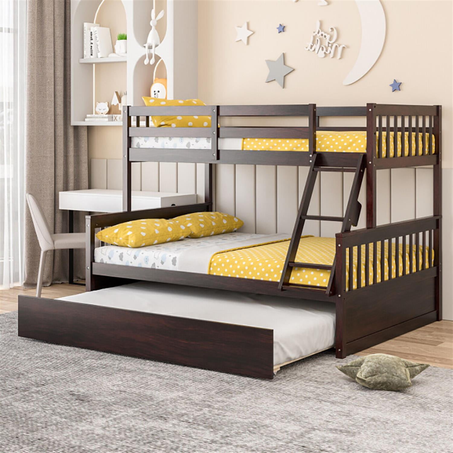 Demi Bonn Twin Pull-Out Bunk Beds with Ladder in the Steps and a Trundle, Full Convertible Bunk Bed Platform, Brown