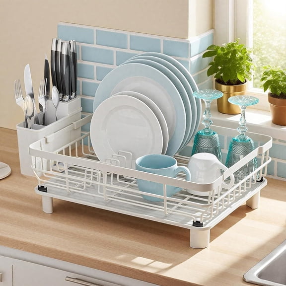 Dish Drying Rack, Dish Rack, Large Dish Racks for Kitchen Counter, Drying Rack Kitchen with Removable Utensil Holder, Drainboard 16.9" x 12.9" x 5.9"(White)