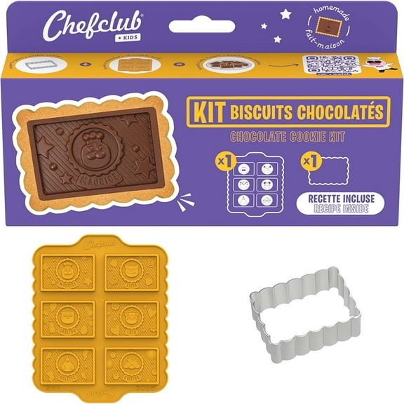Chefclub Kids Chocolate Biscuits Kit - Multilingual Recipe, Silicone Mold & Metal Cookie Cutter Included, Video Recipe for Kitchen Baking for Kids Biscuit Cutter Baking Set, Dishwasher & Freezer Safe