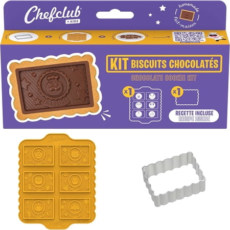 Chefclub Kids Chocolate Biscuits Kit - Multilingual Recipe Silicone Mold & Metal Cookie Cutter Included Video Recipe for Kitchen Baking for Kids Biscuit Cutter Baking Set Dishwasher & Freezer Safe