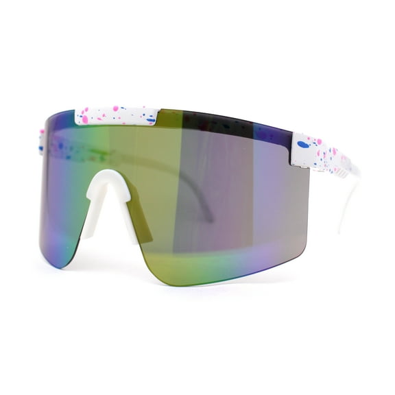80s Pop Paint Splatter Rimless Half Rim Oversize Sport Plastic Sunglasses White Green Teal Mirror