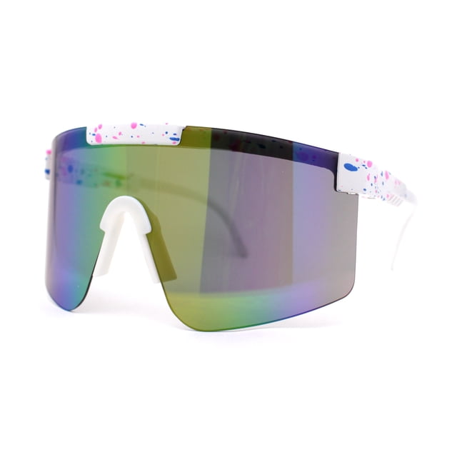 80s Pop Paint Splatter Rimless Half Rim Oversize Sport Plastic Sunglasses White Green Teal Mirror