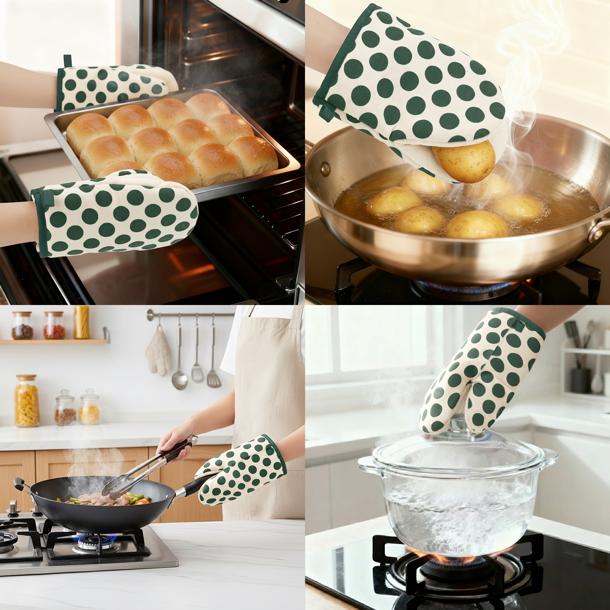 Unique Bargains Oven Mitts Heat Resistant Cooking Gloves Green Polka Dots 7.1x5.5inch