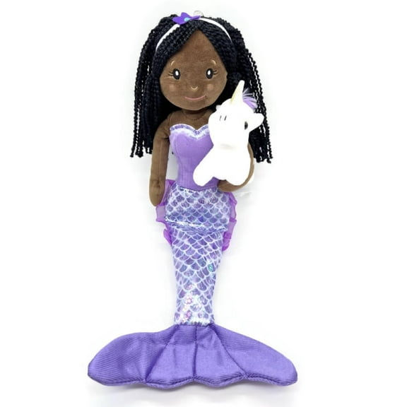 The Petting Zoo Mermaid Doll with Small Unicorn Stuffed Animal- Great Gifts for Girls, 17 in (African American)