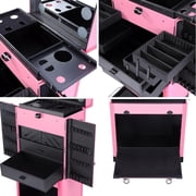 Byootique Pink Rolling Makeup Case on Wheels Pro Cosmetic Artist Hair Stylist Barber Trolley Multifunction Lighted Lockable