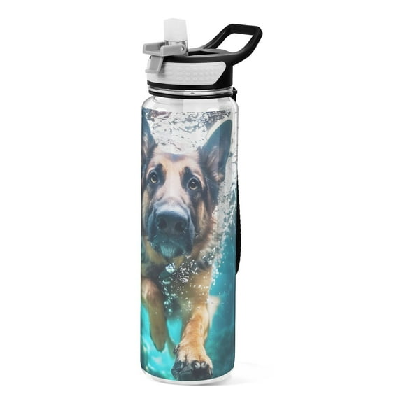 German Shepherd Dog Swimming Underwater Sports Water Bottle with Straws 32 Oz Tritan Clear Bottles BPA Free Leakproof Cup for Outdoor School Gym Fitness