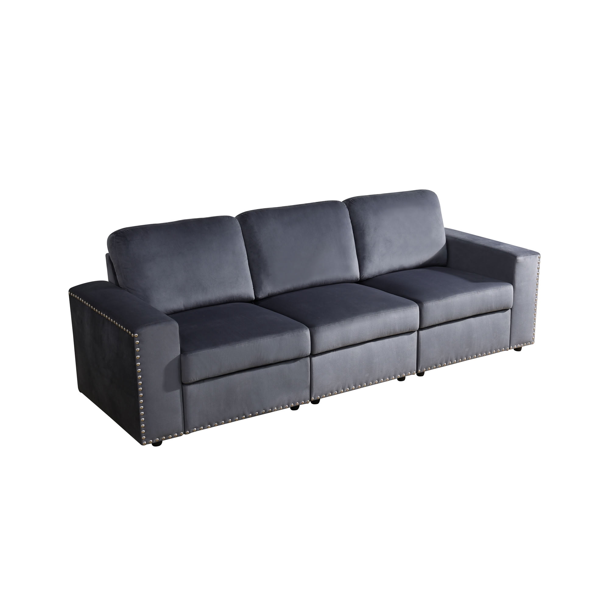 MAYEERTY Modular Sectional Sofa, Flocking Fabric Couch with Nailhead Trim & Anti-Insect Frame, for Living Room, Dark Grey