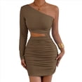 thumbnail image 3 of Vestido Mini de Cóctel con Volantes y Larga para Mujer, Moda 2025, con Hombros Descubiertos y Caderas Estrechas. Café Ligero L, 3 of 10